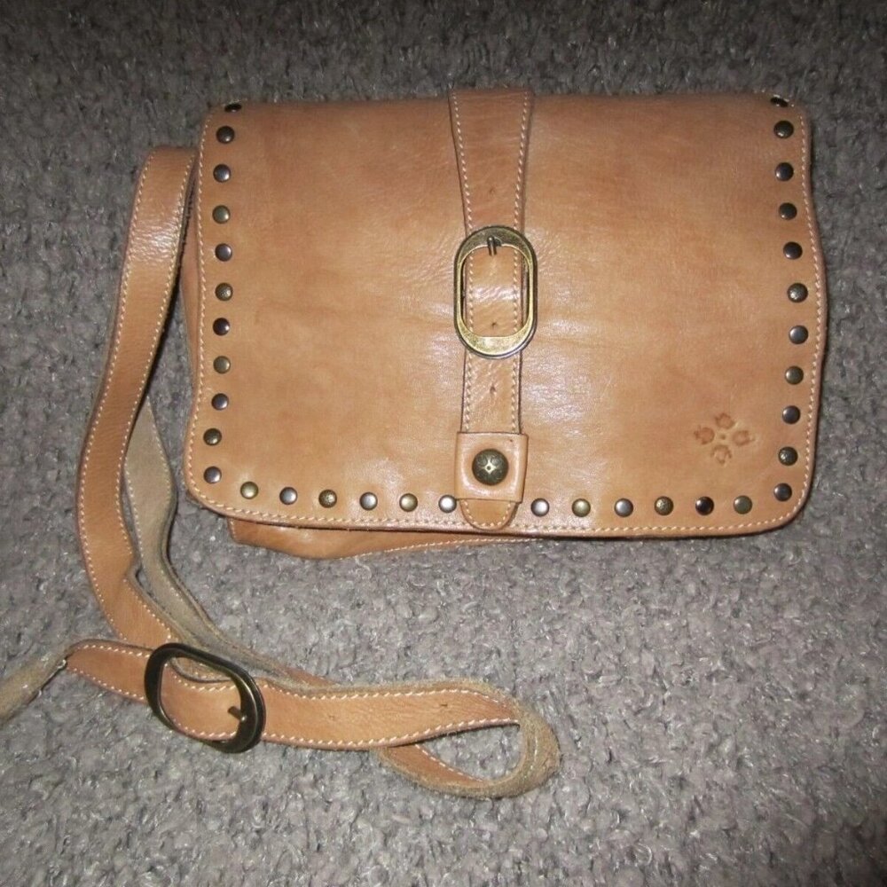 PATRICIA NASH-Montov-Distressed Studded Tan Leather Xbody Messenger-Excellent
